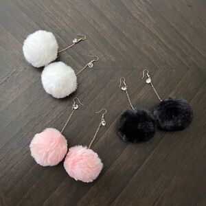 3 pair-Black/White/Pink fur pom pom earrings with gold chain & crystal detail